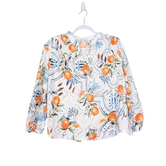 Chico's 3 Womens Tropical Citrus Orange Print Eyelet 3/4 Balloon Sleeve Top XL - Picture 4 of 9